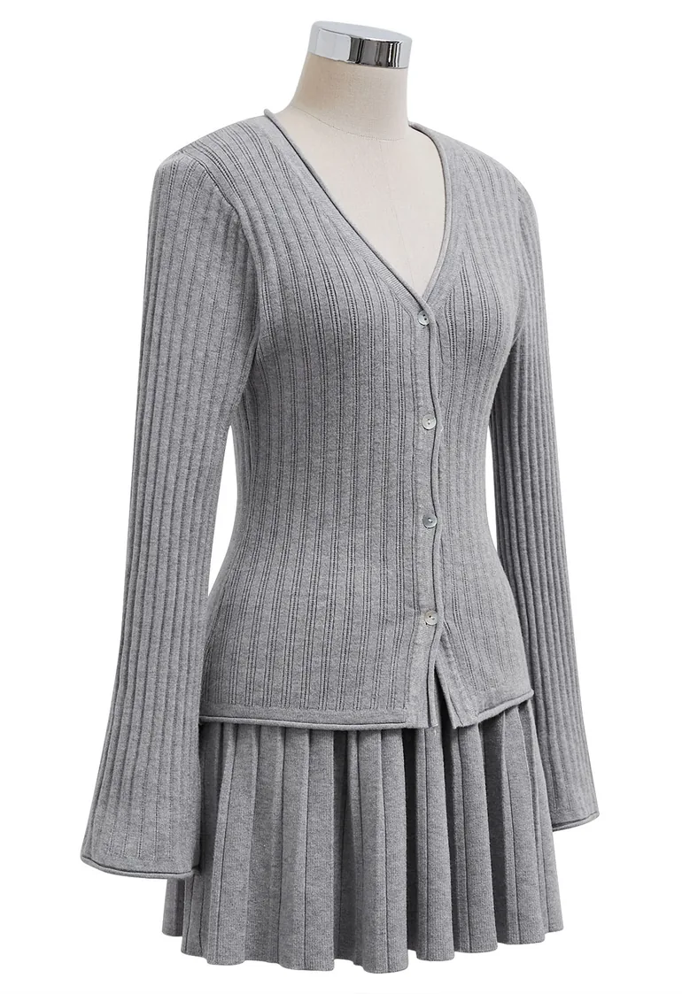 Flare Cuffs Button Knit Top and Mini Skirt in Grey - 13