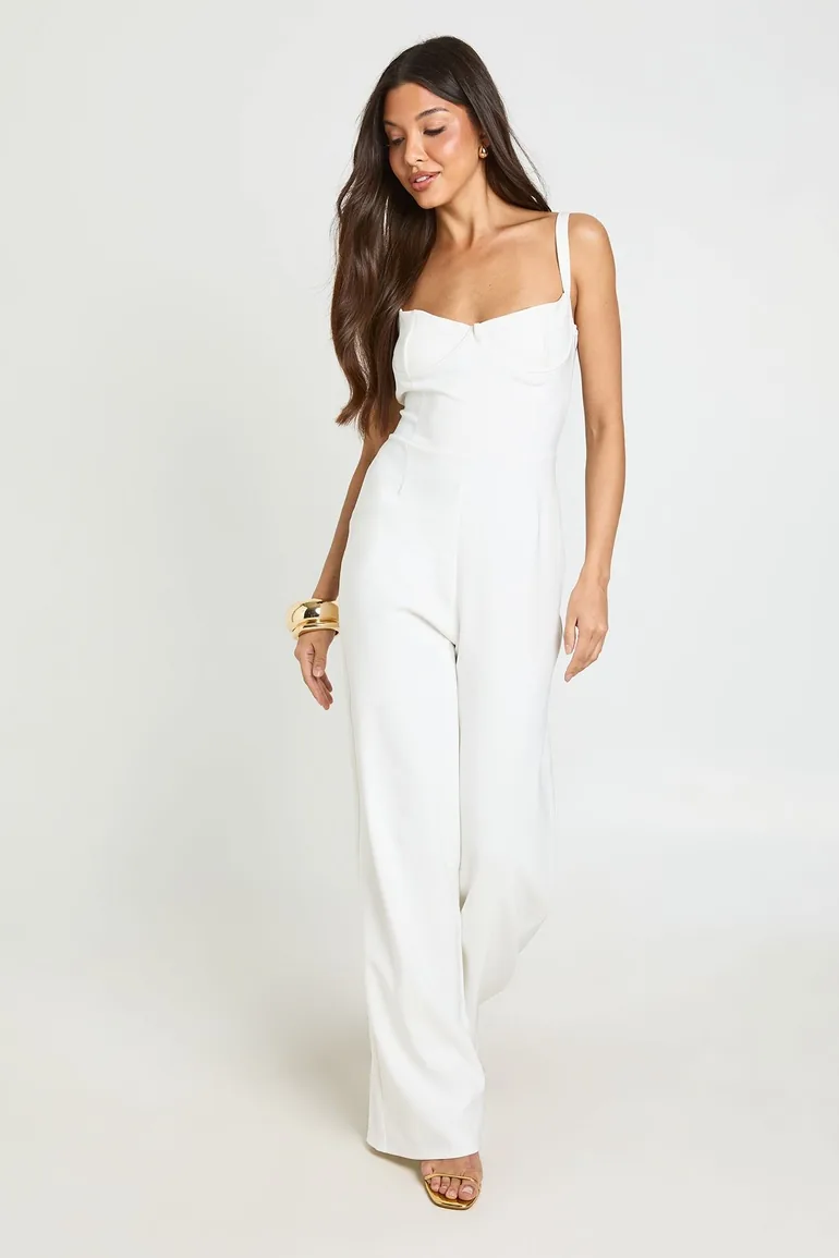 Seam Detail Underwired Wide Leg Jumpsuit - cream - 2