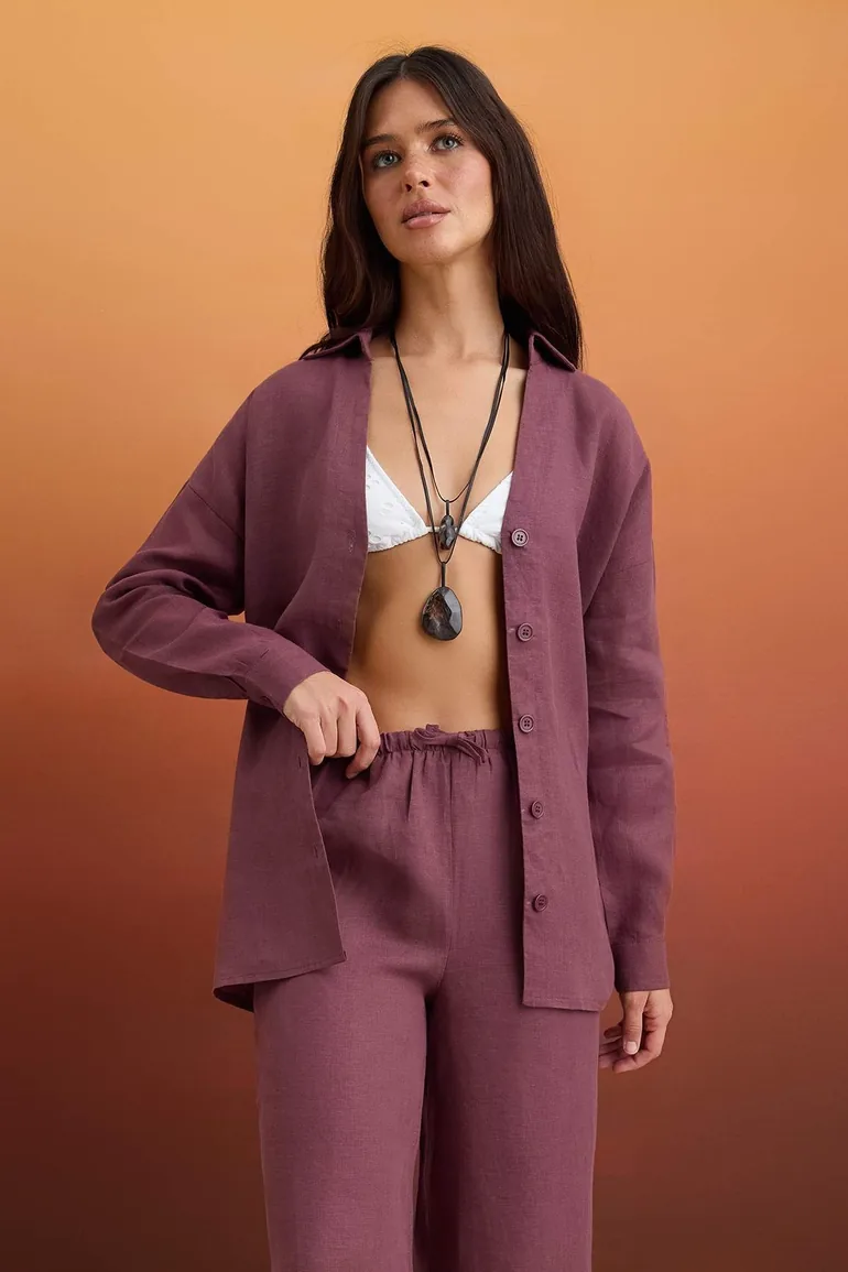 Mürdüm Premium Woven Tie-Dye Detailed 100% Linen Beach Shirt - 2