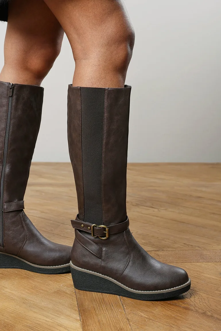 Jaxelle Brown Knee High Wedge Heel Boots with Buckle Strap - 1