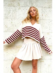 Women's Burgundy Polo Collar Striped Crop Sweater