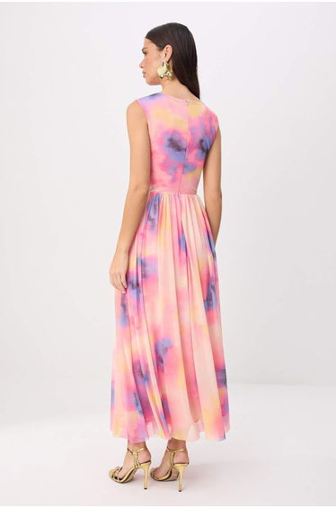 Light Pink-Multicolor Floral Skirt with Cut-Out at the Waist, Knitted Tulle Maxi Lined Stylish/Evening Dress product thumbnail 4