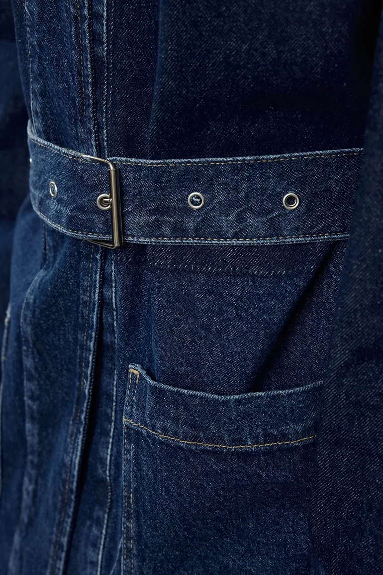 Dark Blue Color Block Belted Oversize Denim Jacket - 1