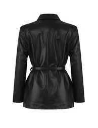Black belted double-breasted faux leather woven blazer - 1