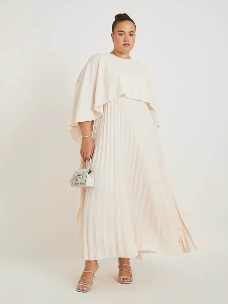Plus Size Plain Pleated Cape Maxi Dress