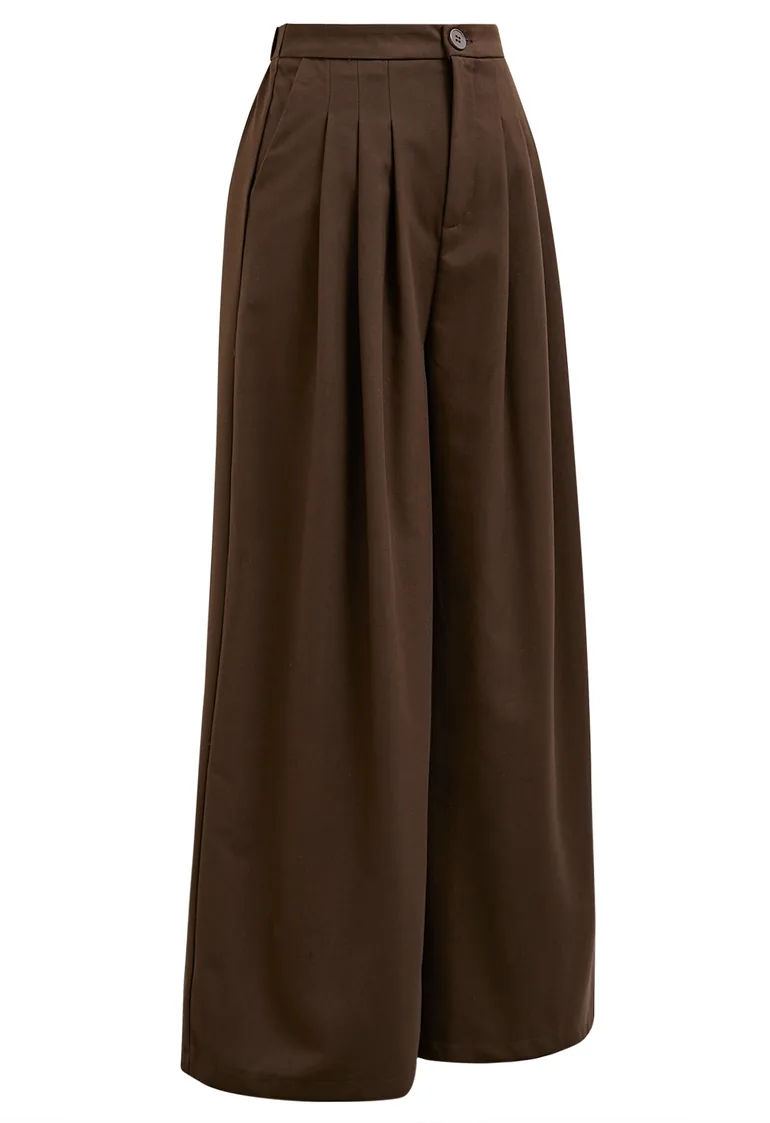 Modern Look Side Pocket Pleats Palazzo Pants in Brown - 6