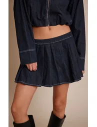 Indigo Denim Pleated Mini Skirt - 1