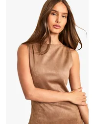 Suede Boat Neck Column Mini Dress - beige - 3