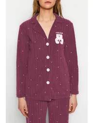 Dusty Rose Polka Dot Animal Printed Polar Fleece Winter Knitted Pajama Set - 3