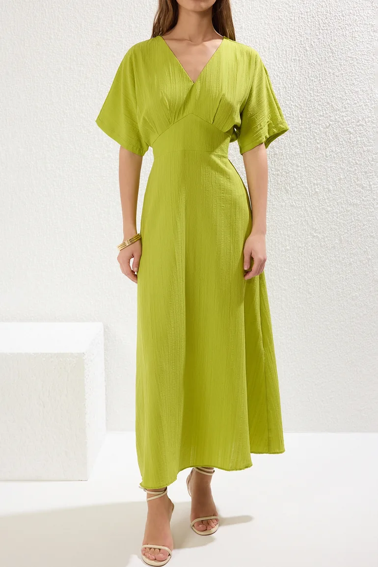 Oil Green Plain Maxi Woven Dress - 6