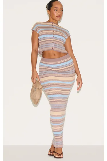 Shape Powder Blue Knitted Striped Maxi Skirt