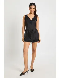 Lace Trim Satin Flippy Short Playsuit - black - 2