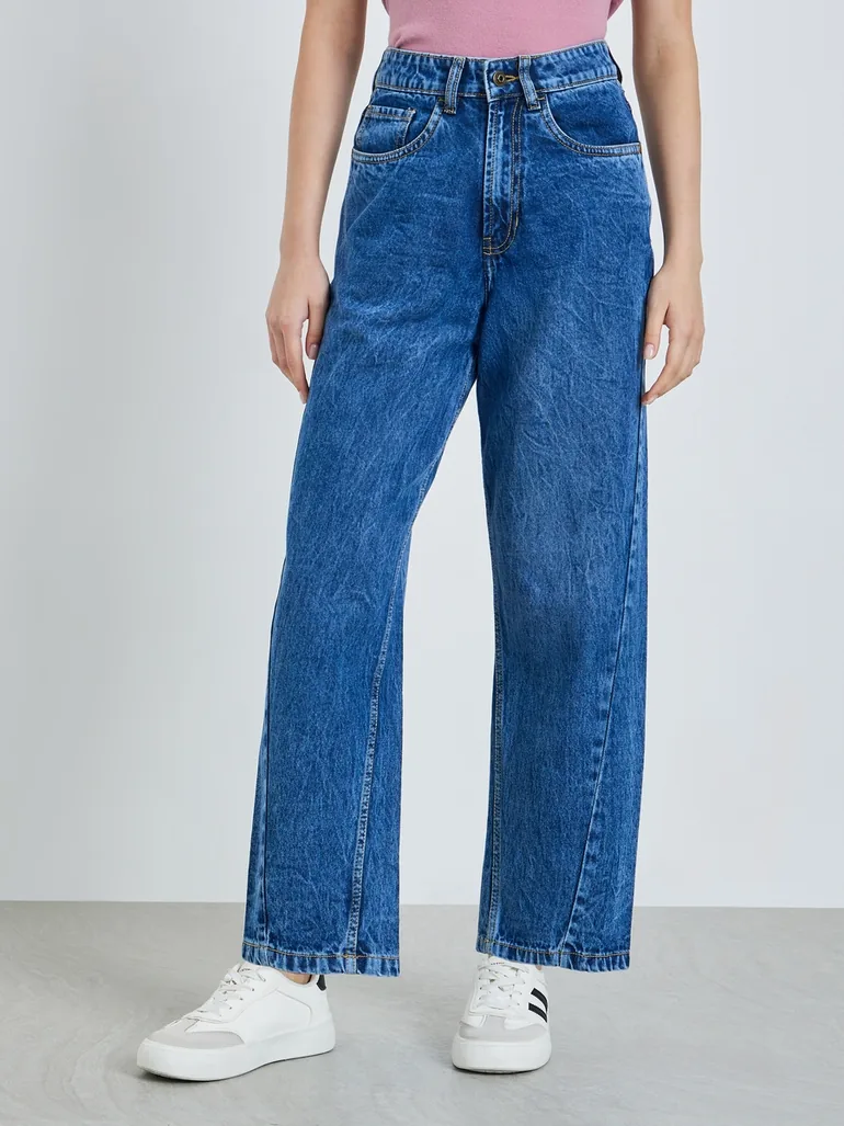 Women High Rise Barrel Fit Washed Jeans - 1