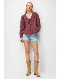 MIXRAY Frilly V-Neck Blouse with Button Closure - 1