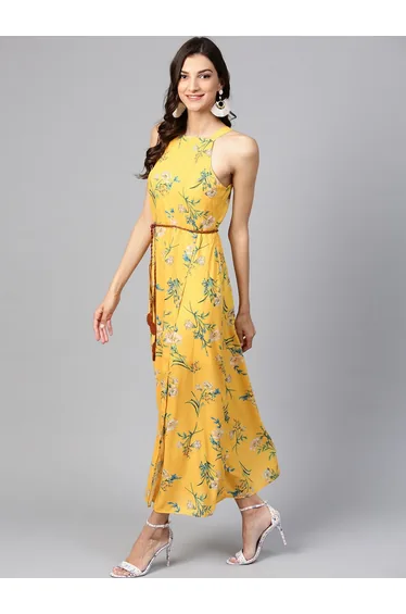 Yellow Sleeveless Floral Maxi Dress