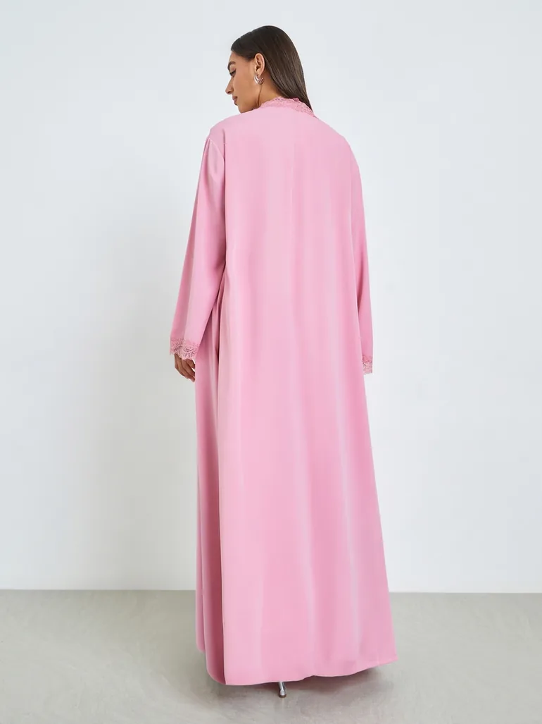 Pink Front Open Abaya with Lace Trim - 4