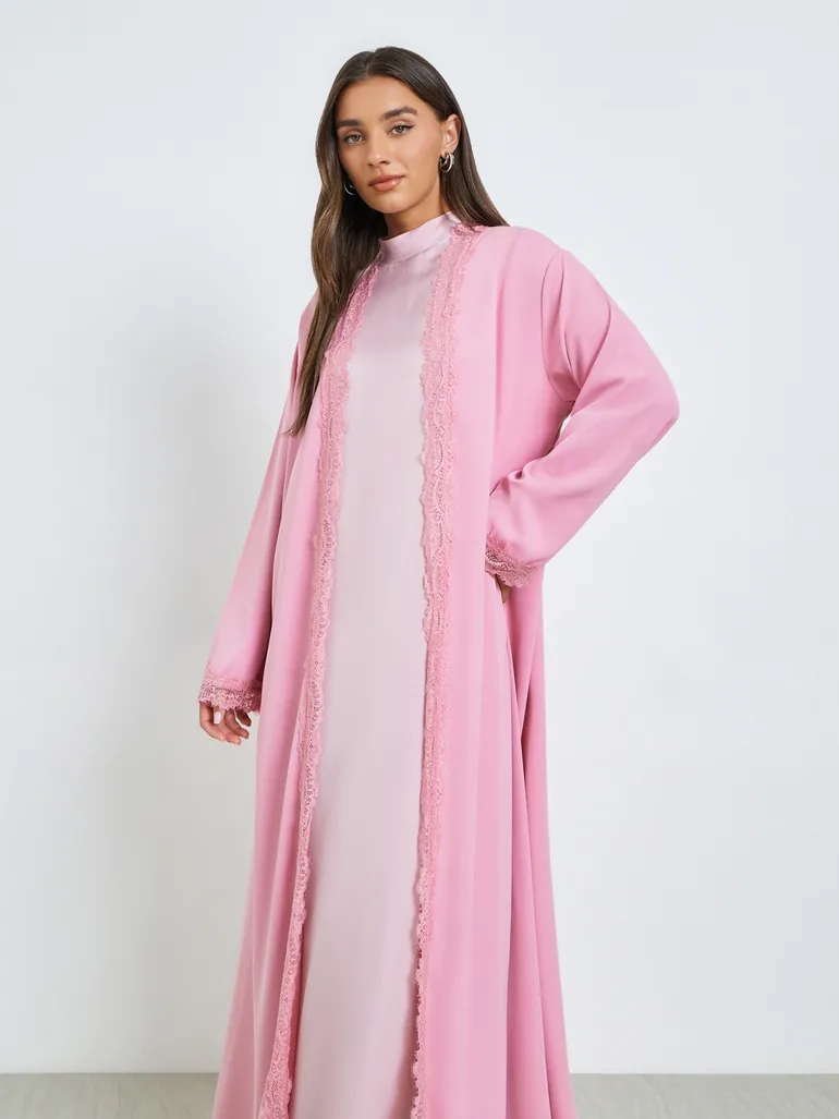 Pink Front Open Abaya with Lace Trim - 1
