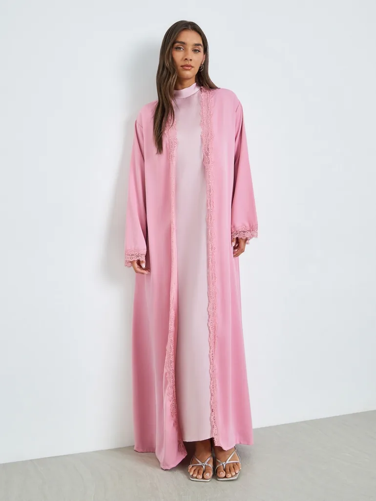 Pink Front Open Abaya with Lace Trim - 2