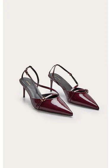 Burgundy Point Toe Buckle Detail Low Heel Courts
