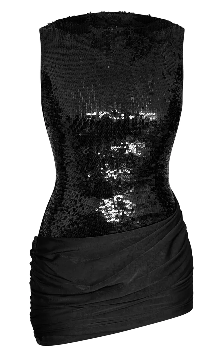PLT Label Black Sequin Sleeveless Drape Detail Bodycon Dress - 4