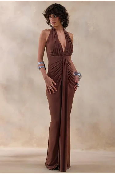 Lesley | Brown Plunge-Neck Maxi Dress