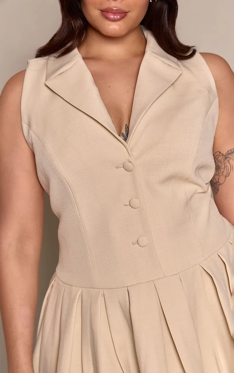 Plus Cream Button Down Pleated Dress - 3