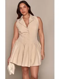 Plus Cream Button Down Pleated Dress - 2