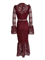 Jenna Burgundy Peplum-Sleeve Lace Midi Dress - 4
