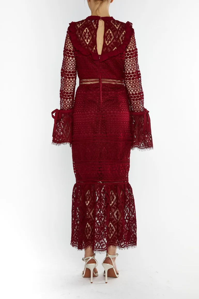 Jenna Burgundy Peplum-Sleeve Lace Midi Dress - 1