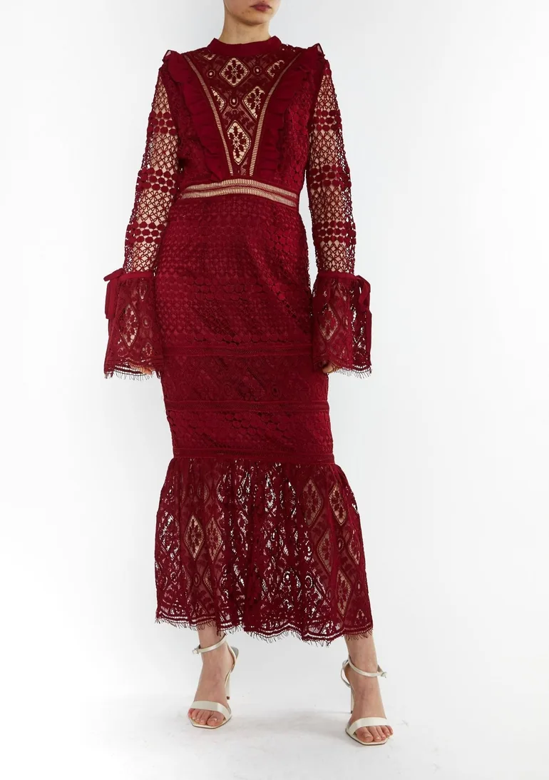 Jenna Burgundy Peplum-Sleeve Lace Midi Dress - 2