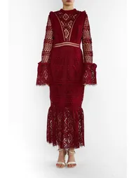 Jenna Burgundy Peplum-Sleeve Lace Midi Dress