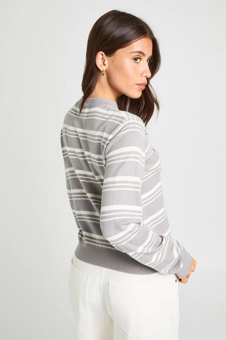 Super Soft Stripe Crew Neck Knitted Cardigan - grey - 2