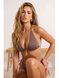 Brown Glittery Triangle Covered Normal Waist Regular Bikini Set with Charm Accessories - 1