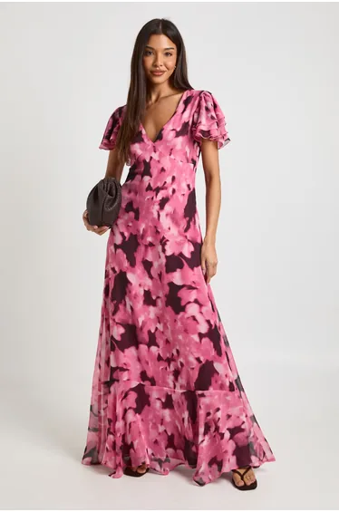 Tonal Floral Textured Chiffon Maxi Dress - dusky pink