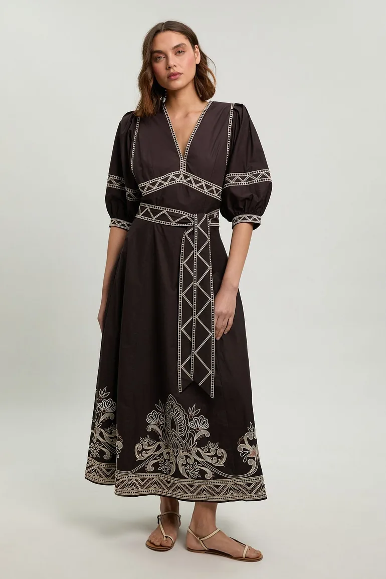 Embroidered Detail Belted Midi Dress