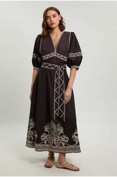 Embroidered Detail Belted Midi Dress
