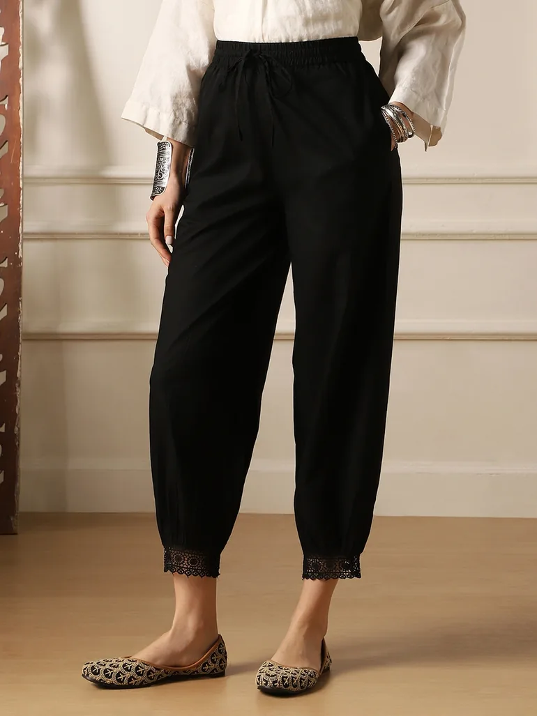 Women Black Lace Trim Relaxed Fit Pants - 1