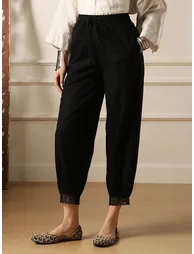 Women Black Lace Trim Relaxed Fit Pants - 1