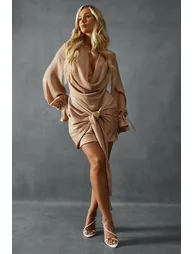 Satin Draped Plunge Collared Mini Dress