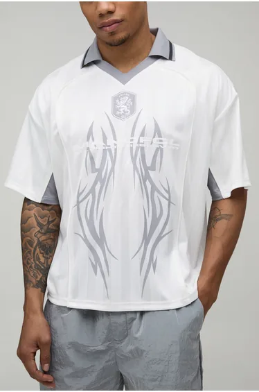 Oversized Grunge Varsity Applique Mesh V Neck Football Top - light grey