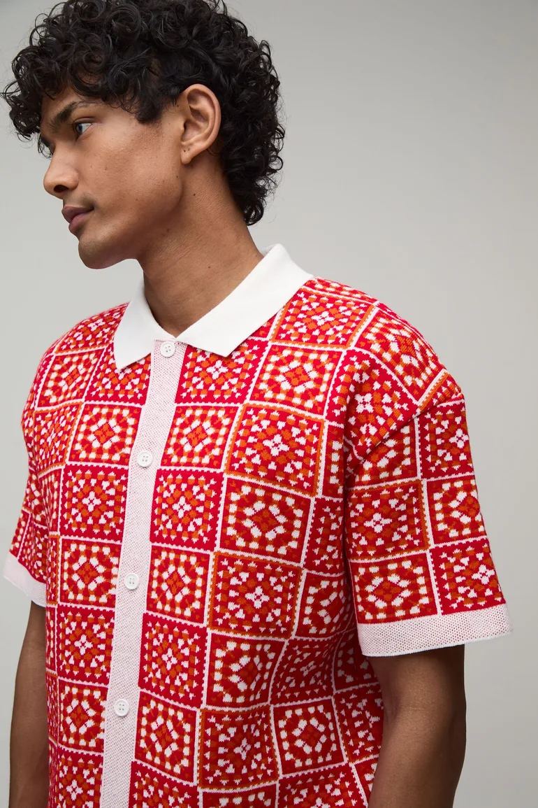 Relaxed Crochet Square Knitted Shirt - red - 2