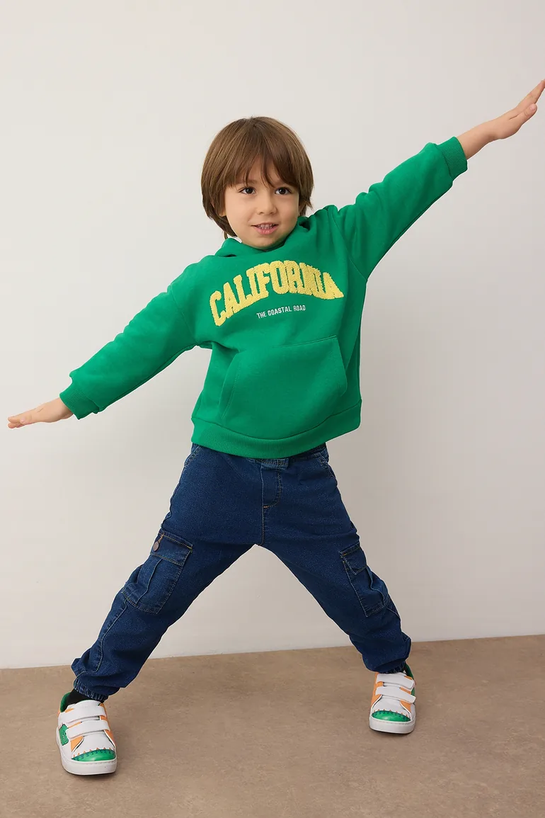 Green*004 boys' cotton embroidered hooded regular knit sweatshirt - 1