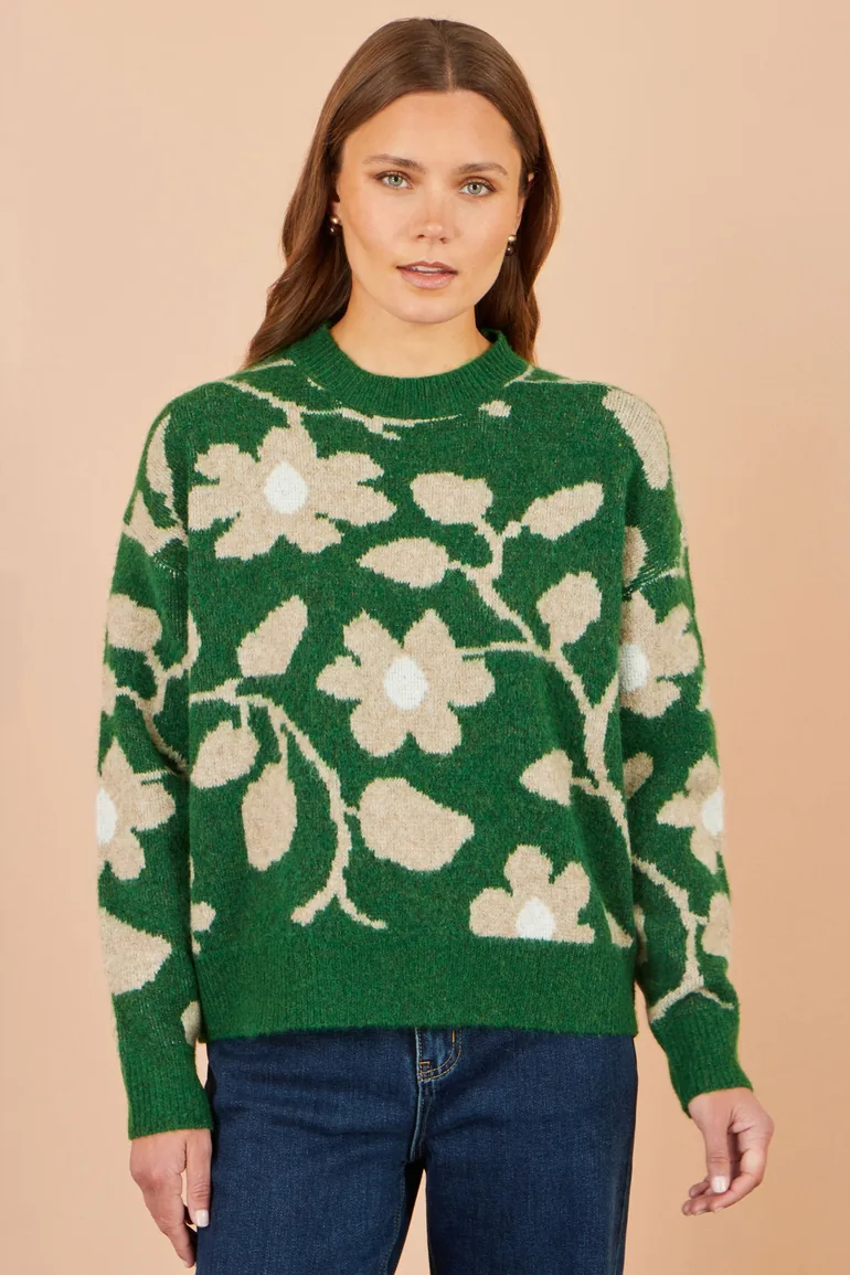 Yumi Green Floral Intarsia Relaxed Fit Jumper - 1