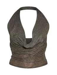 Black Shimmer Pleated Cowl Neck Top - 4