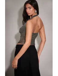 Black Shimmer Pleated Cowl Neck Top - 1