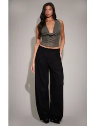 Black Shimmer Pleated Cowl Neck Top - 2