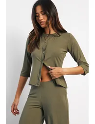3/4 Sleeve Button Through Top and Trouser Coord - khaki - 3