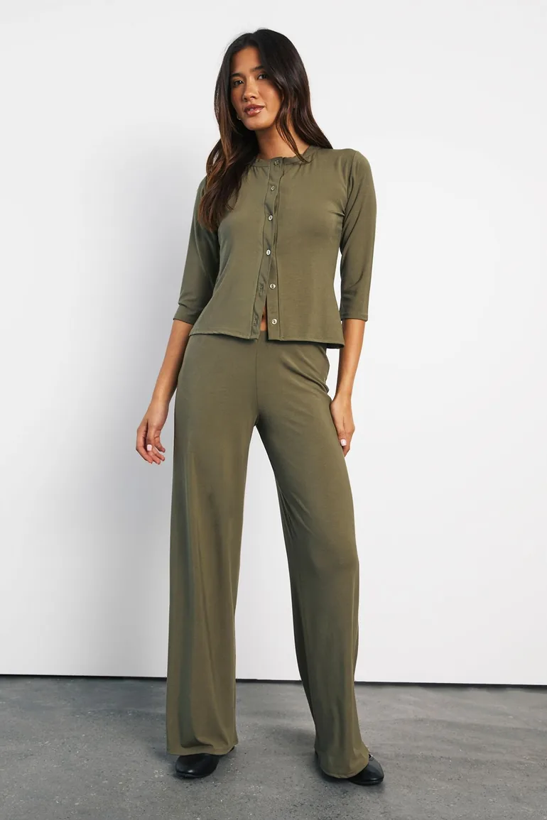 3/4 Sleeve Button Through Top and Trouser Coord - khaki