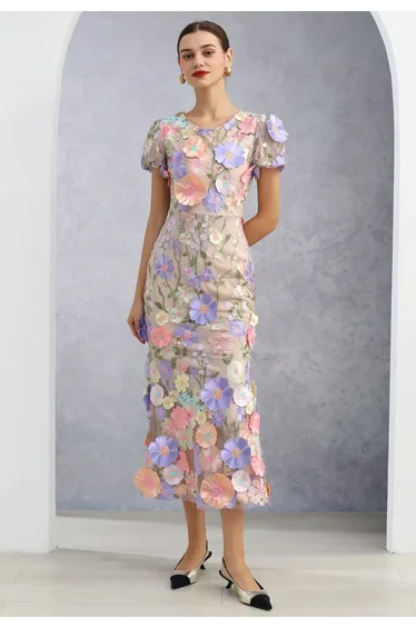 3D Floral Applique Mesh Tulle Mermaid Maxi Dress in Lavender