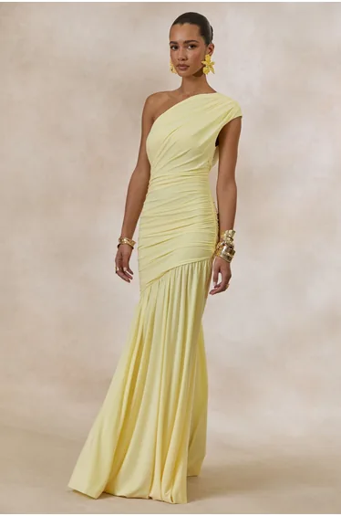 Lemon Asymmetric-Neck Maxi Dress With Drop-Waist